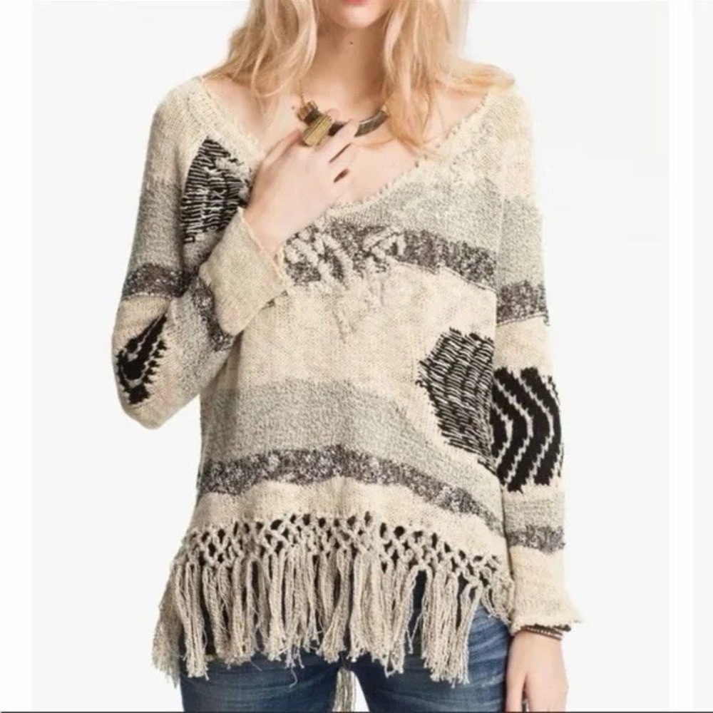 Free People Boho Woven Cotton Blend Women's M/L (approx) Sweater w Fringe - Picture 2 of 10